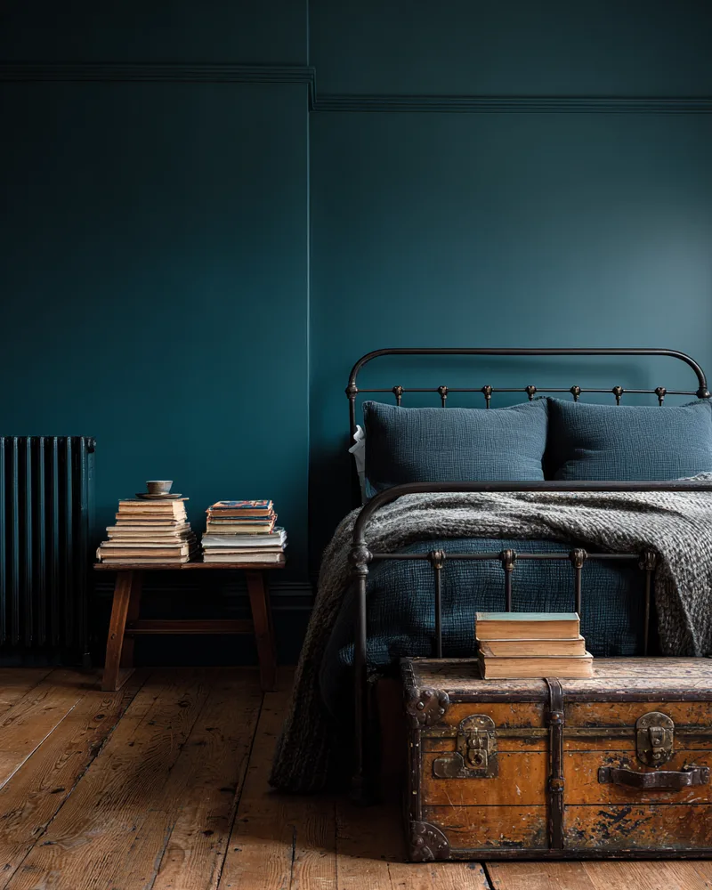 Dark academia bedroom with deep teal walls