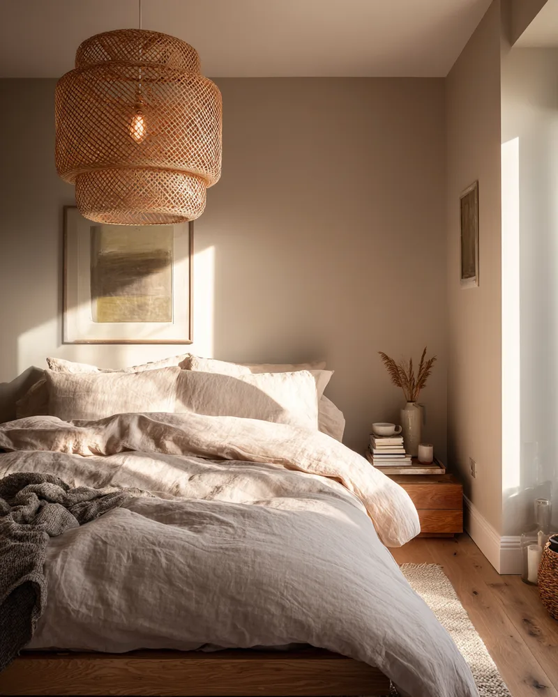 Japandi bedroom with warm natural light