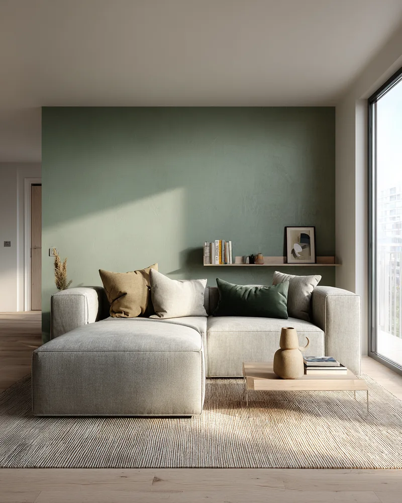 Scandinavian living room with sage green wall